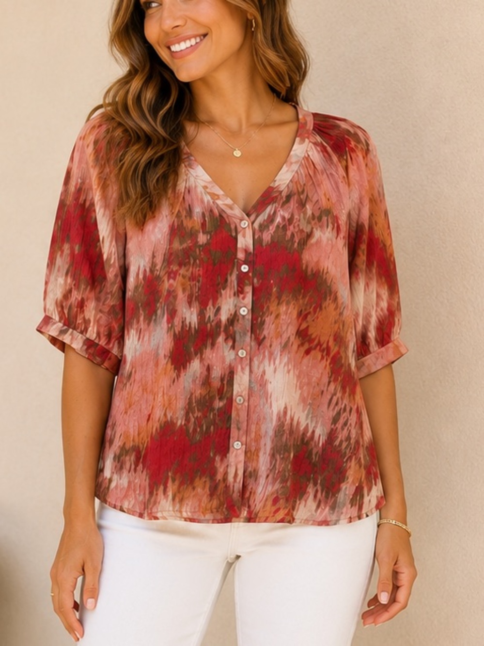 Anthem The Label Abstract Ikat Print Crinkle Blouse Boho Relaxed Pink Rayon M